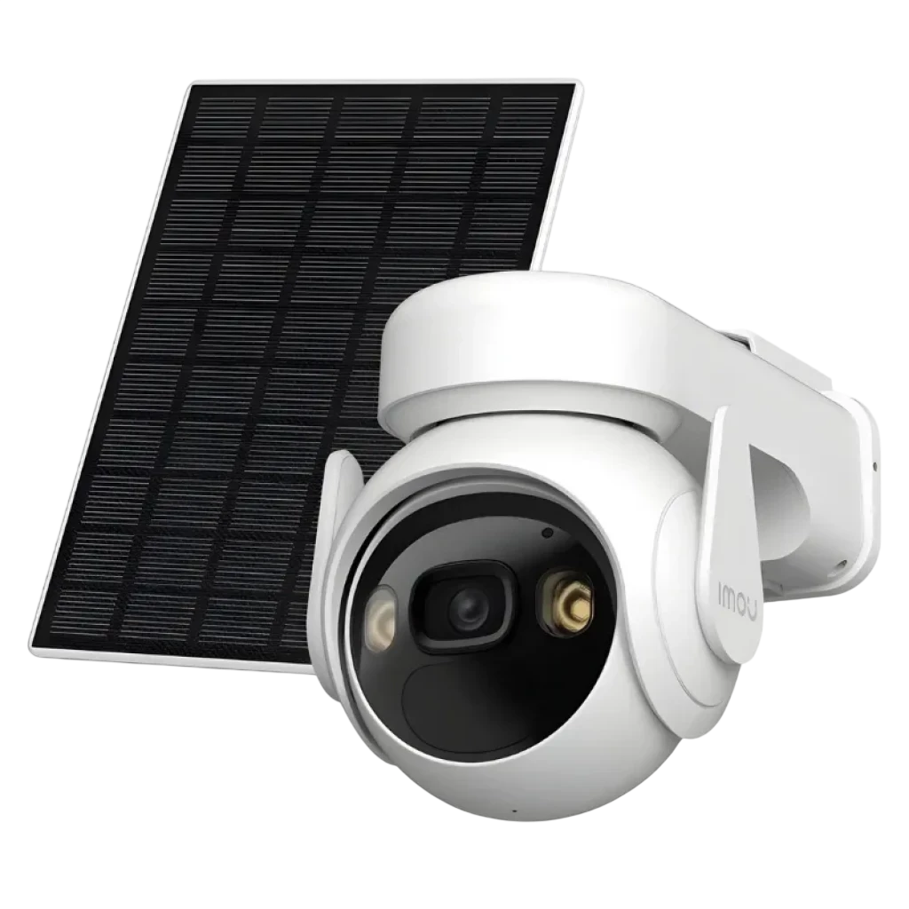 Imou Cell Pt Lite con panel solar, cámara exterior 2K QHD, lente dual, focos LED, carcasa blanca IP66, batería 5000 mAh, montaje orientable y compacto
