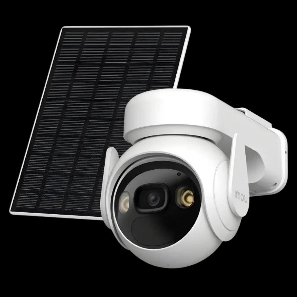 Imou Cell Pt Lite con panel solar, cámara exterior 2K QHD, lente dual, focos LED, carcasa blanca IP66, batería 5000 mAh, montaje orientable y compacto