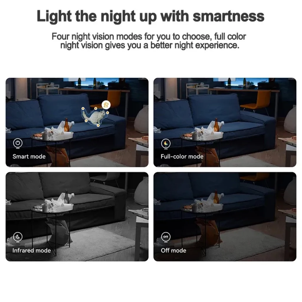 Modos nocturnos: inteligente, color completo, infrarrojo y apagado. Visión nocturna 2K QHD para interiores, detección de movimiento y claridad en baja luz.