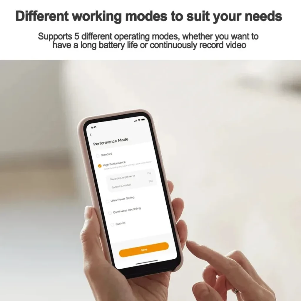 Imou Cell Pt Lite con panel solar 2K QHD IP66 batería 5000 mAh; app móvil muestra modos de rendimiento y ahorro de energía para grabación continua