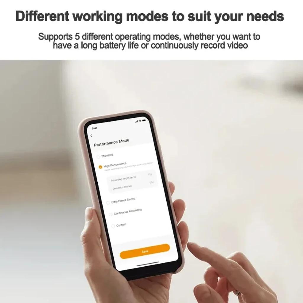 Imou Cell Pt Lite con panel solar 2K QHD IP66 batería 5000 mAh; app móvil muestra modos de rendimiento y ahorro de energía para grabación continua