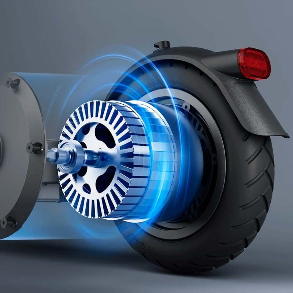 Motor trasero del Xiaomi Electric Scooter 4 Pro (2ª Gen) Desprecintado con rotor azul iluminado, luz trasera roja y rueda robusta con guardabarros negro