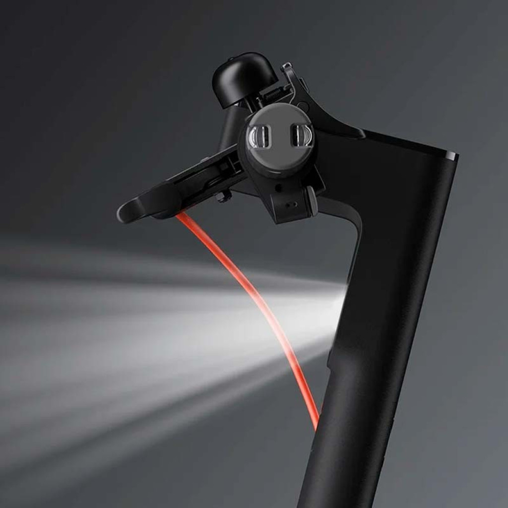 Manillar del Xiaomi Electric Scooter 4 Pro 2ª Gen desprecintado con timbre, gancho metálico, cable rojo visible y luz frontal LED en carcasa negra matte