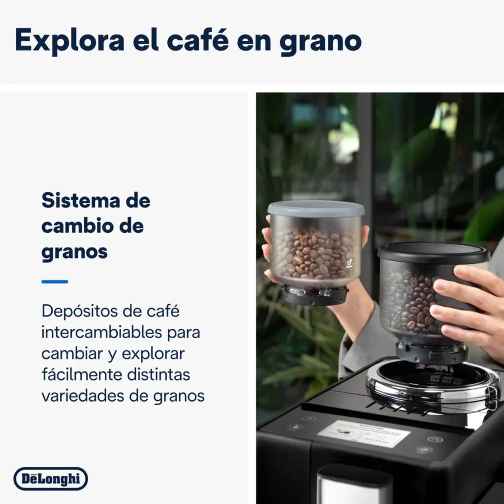 Depósitos Bean Switch intercambiáveis com grãos visíveis, encaixe fácil na máquina; topo preto brilhante com ecrã tátil 3,5 pol e botão frontal prata