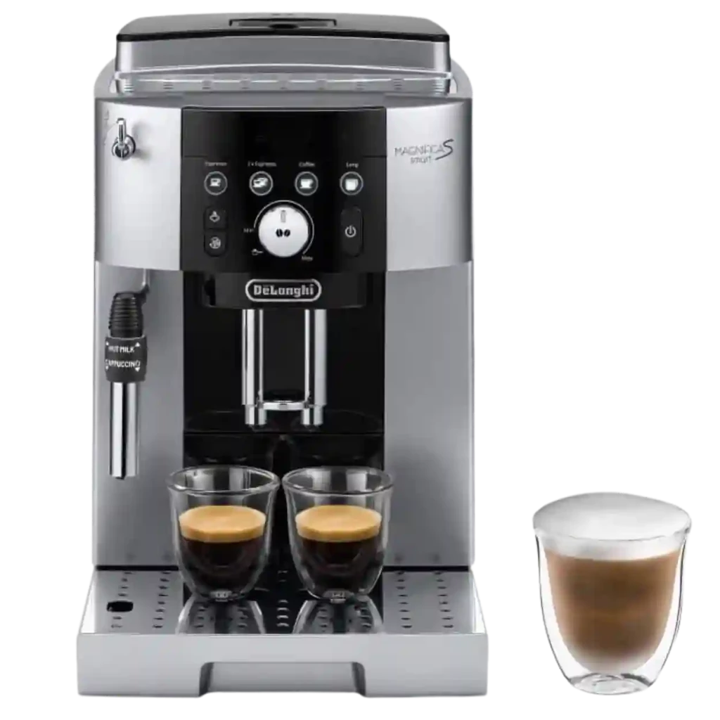 Cafetera DeLonghi Rivelia EXAM440.35.B negra con pantalla táctil 3.5, doble surtidor, vaporizador lateral y depósito frontal; prepara espresso y cappuccino