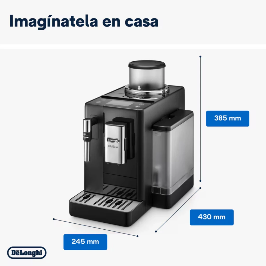 Máquina de café preta compacta com ecrã tátil 3,5, depósito lateral translúcido, moedor superior Bean Switch e bocal de vapor; medidas 245×430×385 mm