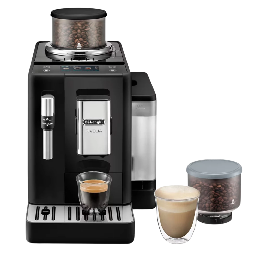 Máquina de café superautomática preta com ecrã tátil 3,5, moedor com Bean Switch, bico de vapor, reservatório de leite e 19 bar, dois copos com bebidas