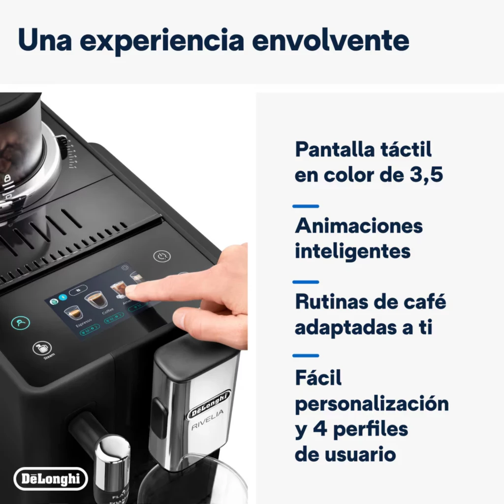 Ecrã tátil colorido de 3,5, interface intuitiva com animações, botões iluminados e bico de extração cromado; design preto elegante da DeLonghi Rivelia
