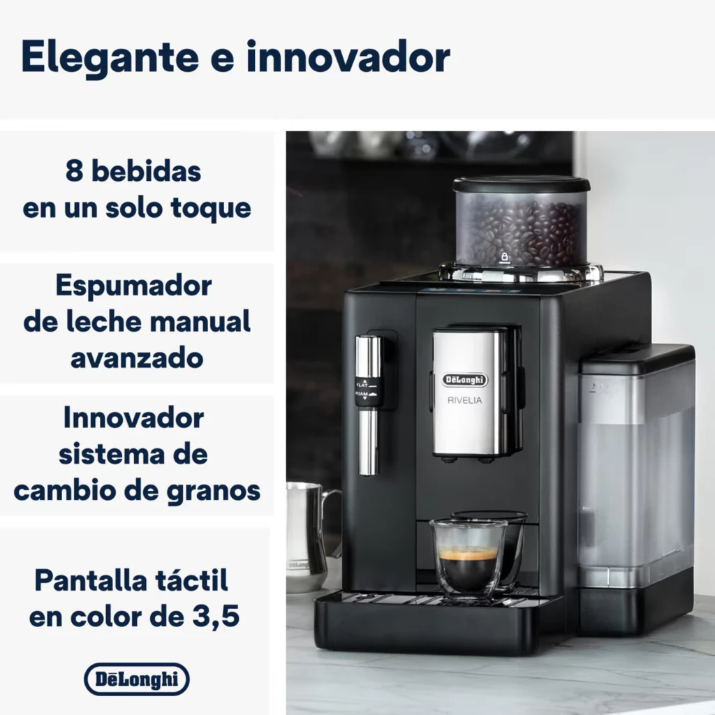 Máquina de café DeLonghi Rivelia EXAM440.35.B preta com ecrã tátil 3,5 pol, moedor visível e reservatório lateral; bico de café e vaporizador de leite
