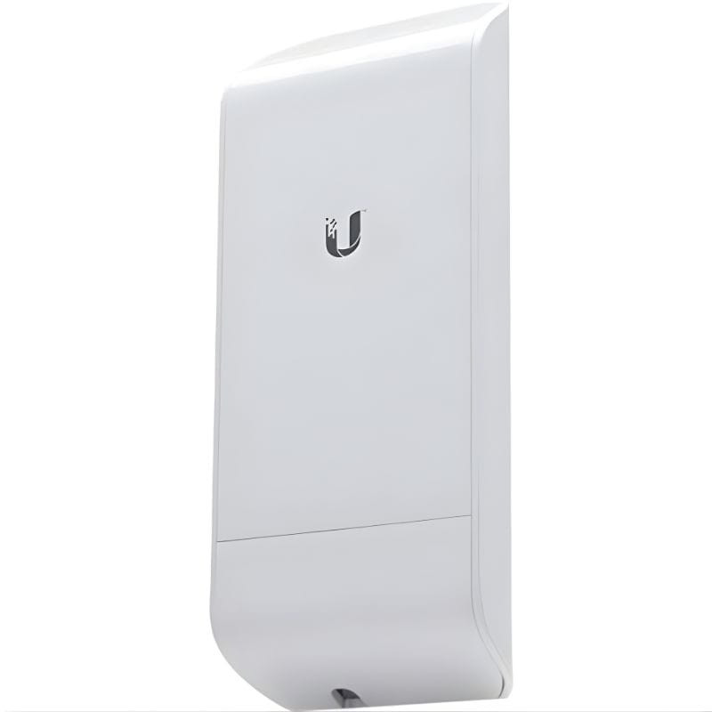 Ubiquiti NanoStation Loco M2 blanco, cuerpo compacto vertical con logo U, carcasa exterior lisa y resistente, diseño minimalista para montaje en pared