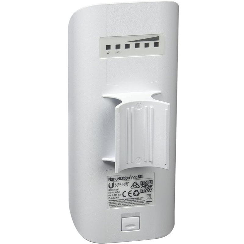 Punto de acceso Ubiquiti NanoStation Loco M2 blanco, carcasa exterior compacta, puerto LAN y LEDs de estado, soporte de montaje trasero, diseño resistente