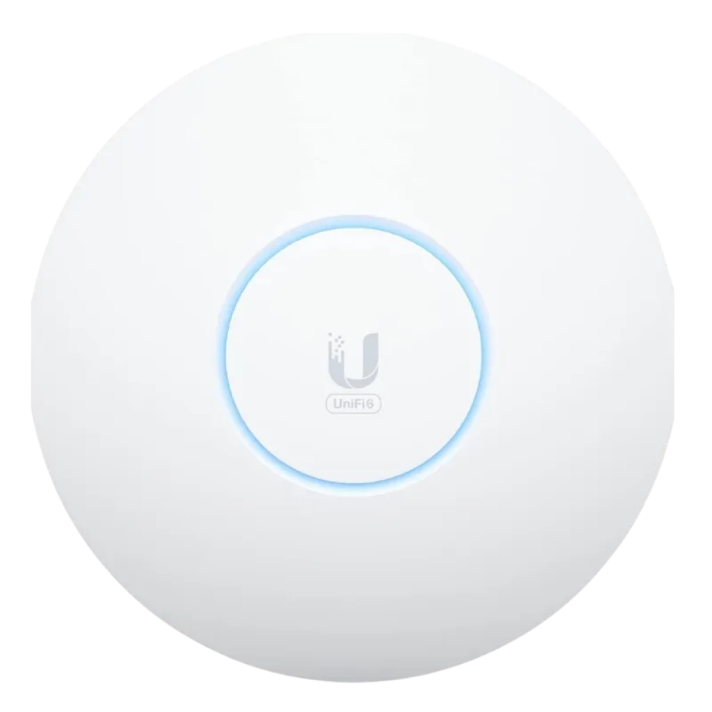 Point d'accès blanc circulaire avec anneau LED bleu, logo U au centre ; design minimaliste pour plafond ou mur, style UniFi WiFi 6E avec boîtier lisse