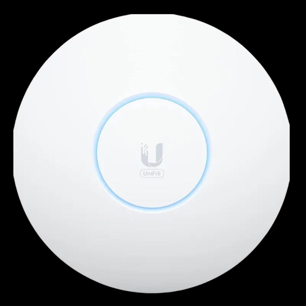 Point d'accès blanc circulaire avec anneau LED bleu, logo U au centre ; design minimaliste pour plafond ou mur, style UniFi WiFi 6E avec boîtier lisse