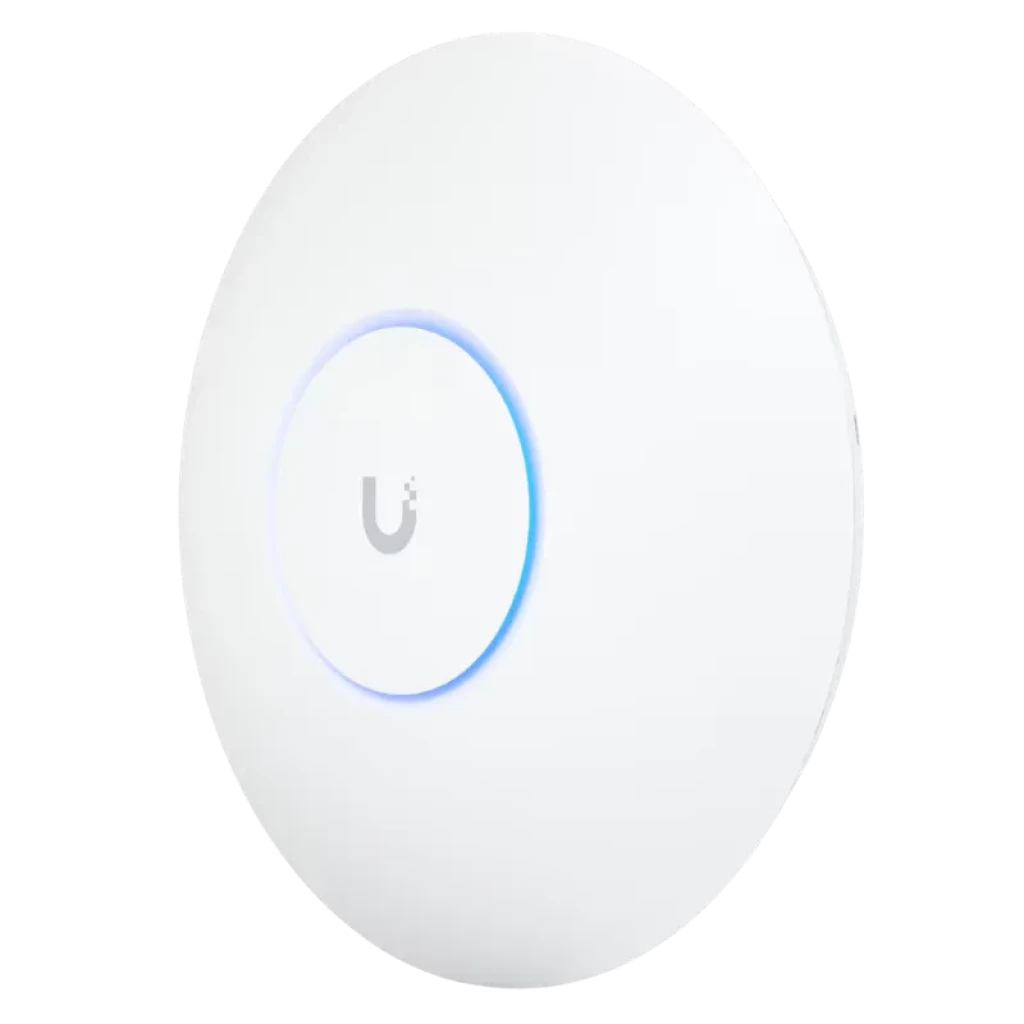 Point d'accès Ubiquiti U6 Enterprise blanc, design circulaire minimaliste avec anneau LED bleu central et logo U, montage au plafond, finition mate