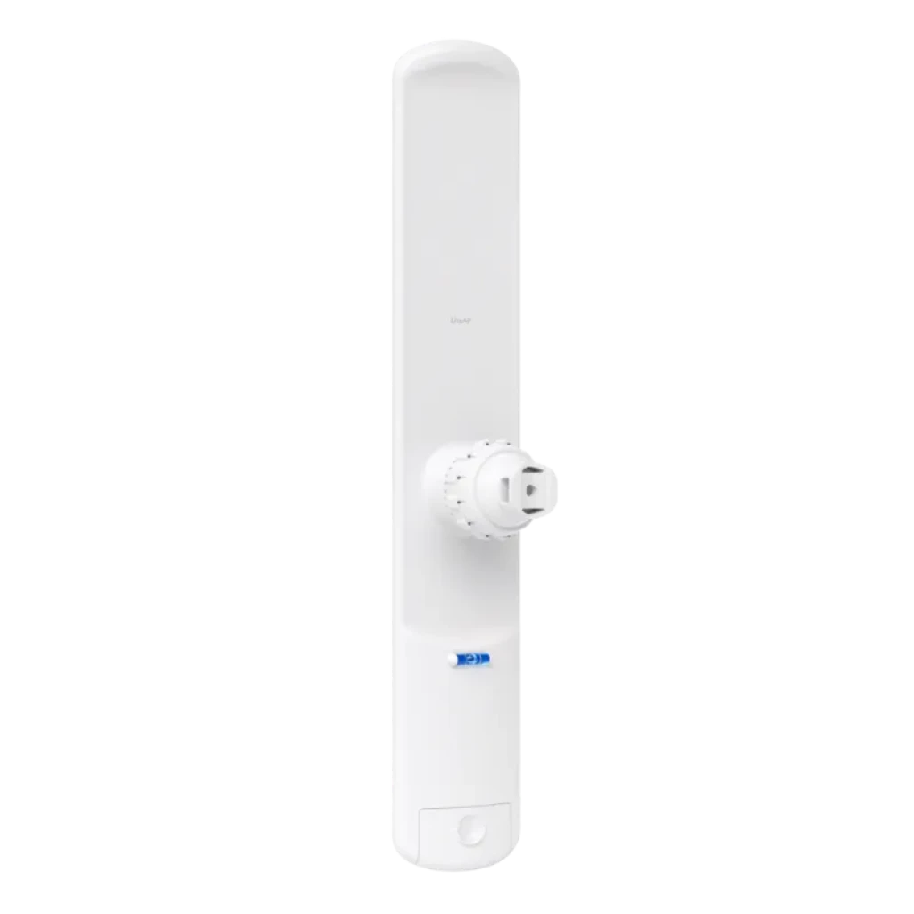Ubiquiti LAP-120 blanco con antena direccional MIMO 16 dBi, cuerpo alargado vertical, montaje central ajustable y LED de estado azul en la base