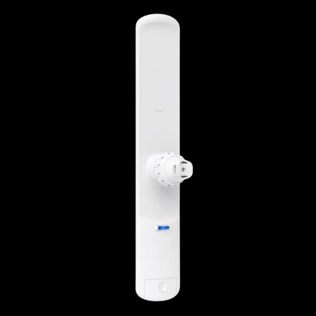 Ubiquiti LAP-120 blanco con antena direccional MIMO 16 dBi, cuerpo alargado vertical, montaje central ajustable y LED de estado azul en la base