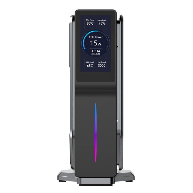 Mini PC vertical compact avec écran frontal affichant température, charge et puissance CPU, LED RGB centrale, design noir moderne et support stable