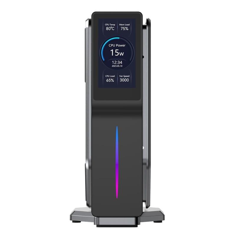 Mini PC vertical compact avec écran frontal affichant température, charge et puissance CPU, LED RGB centrale, design noir moderne et support stable