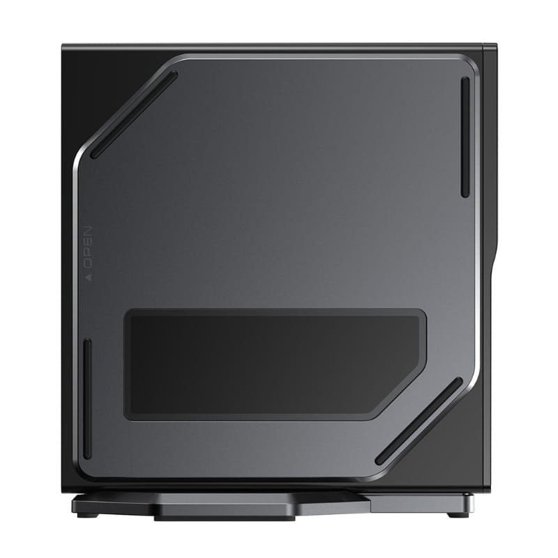 AceMagic S1 Mini PC au boîtier compact noir, panneau latéral gris mat avec fenêtre rectangulaire et lignes angulaires, base stable et design moderne