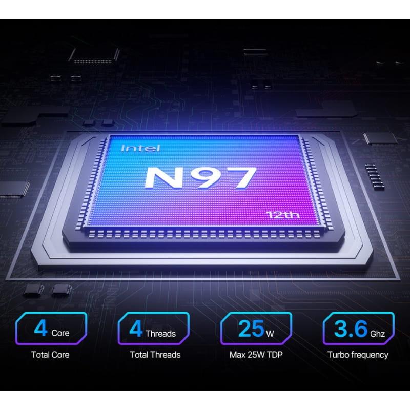 Puces Intel N97 12e gen mises en avant: 4 cœurs, 4 threads, TDP 25 W, fréquence turbo 3,6 GHz, design futuriste lumineux sur carte mère noire