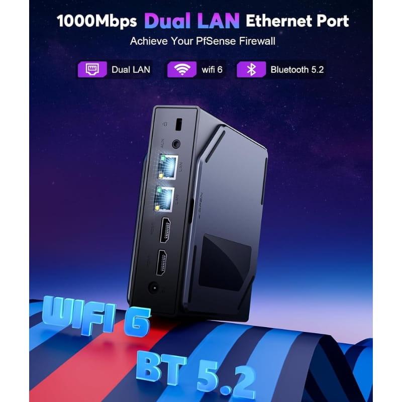 Mini PC compact noir, ports Dual LAN 1 Gbps, 2x HDMI, USB et jack en façade, angles biseautés, logos Wi‑Fi 6 et Bluetooth 5.2 visibles sur l’affiche