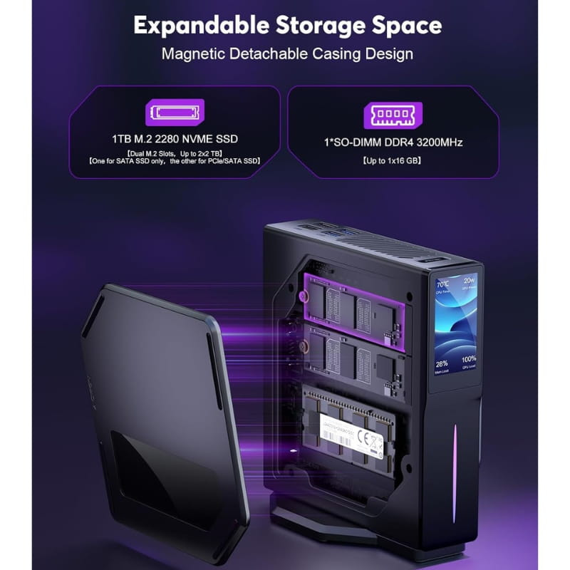 Mini PC vertical noir avec capot magnétique détachable, baie M.2 2280 NVMe, slot SO‑DIMM DDR4, éclairage violet, écran latéral, design compact et moderne