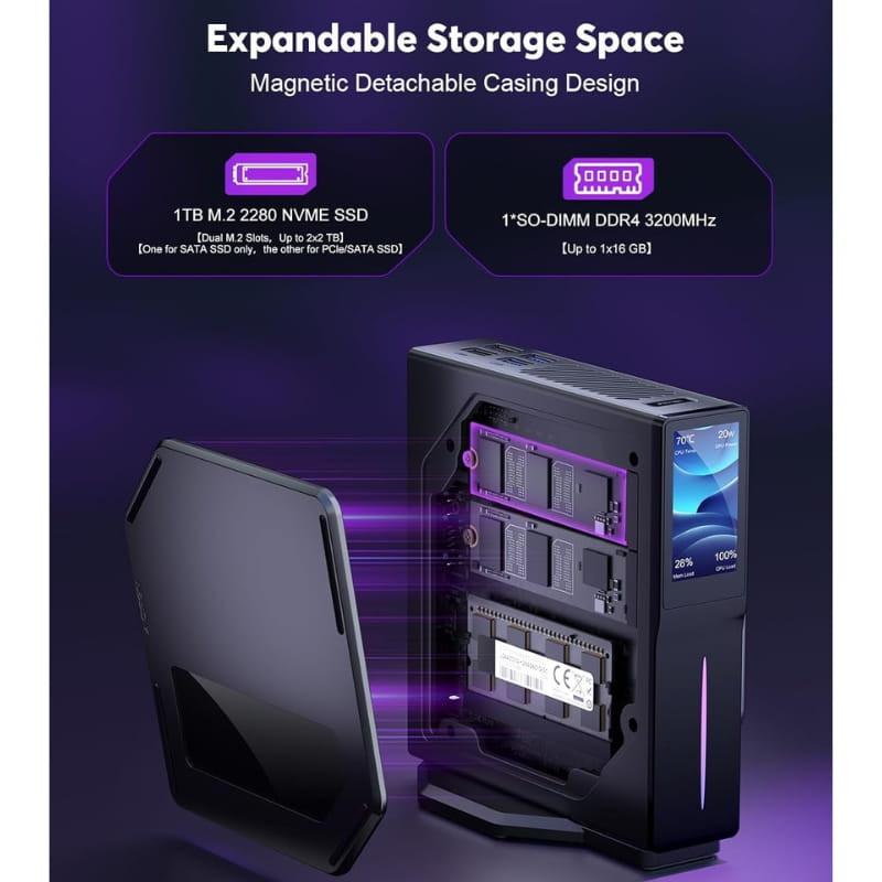 Mini PC vertical noir avec capot magnétique détachable, baie M.2 2280 NVMe, slot SO‑DIMM DDR4, éclairage violet, écran latéral, design compact et moderne