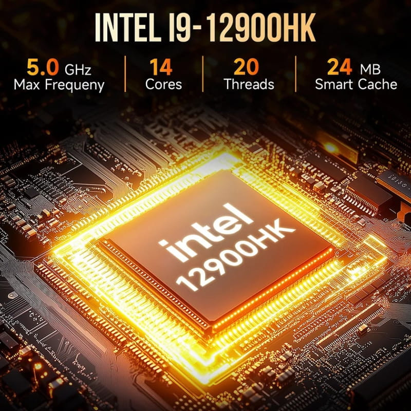 Chip Intel i9-12900HK iluminado sobre placa base, destaca 5.0 GHz, 14 núcleos, 20 hilos y 24 MB de caché, potencia para GMKtec NucBox M3 Plus barebone