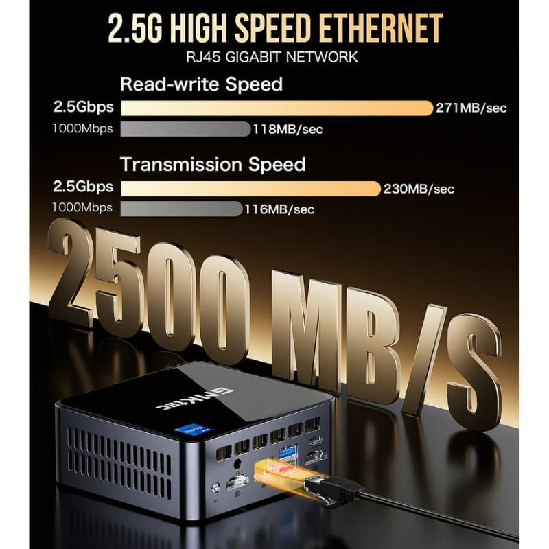 Mini PC GMKtec NucBox M3 Plus con puertos frontales y traseros, RJ45 2.5G, USB múltiples y HDMI; chasis compacto negro con rejillas de ventilación