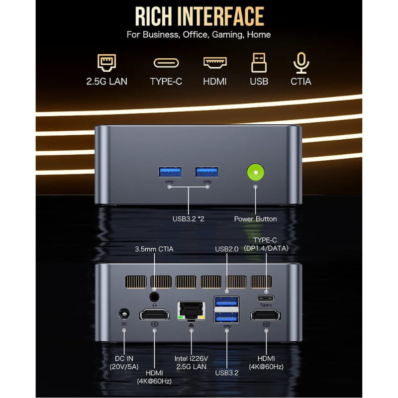 Mini PC GMKtec NucBox M3 Plus con Intel i9-12900HK, frontal con dos USB 3.2 y botón, trasera con HDMI dual, 2.5G LAN, USB-C y audio