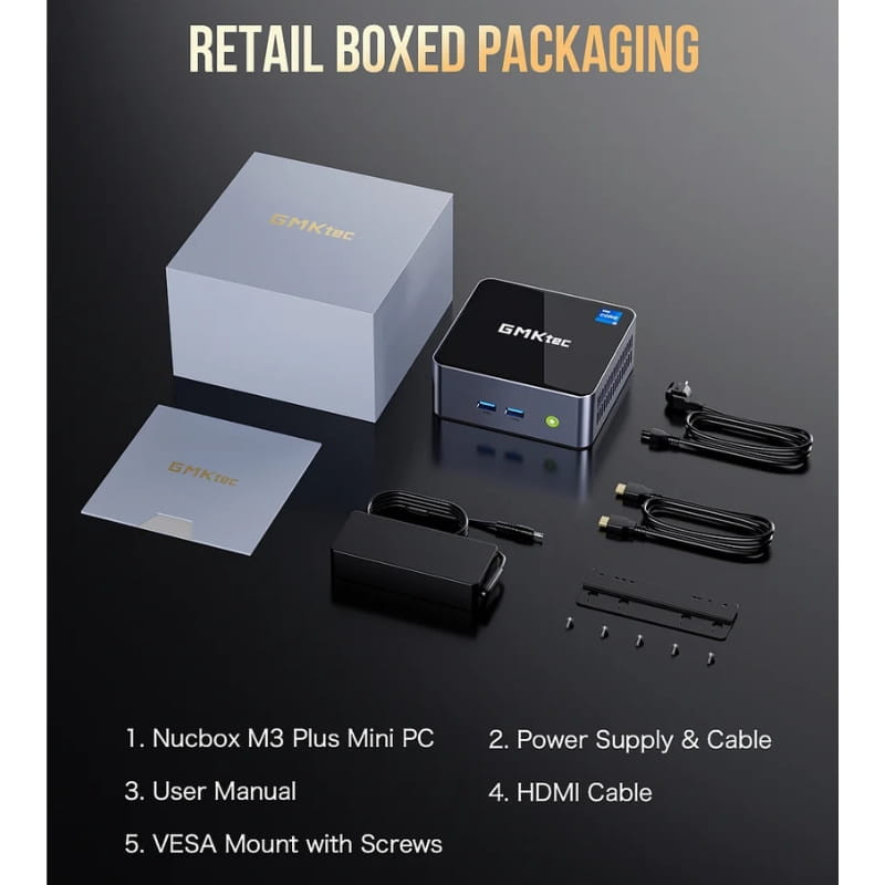 GMKtec NucBox M3 Plus mini PC compacto en negro, puertos frontales USB y audio, incluye fuente, cable HDMI, soporte VESA con tornillos y manual
