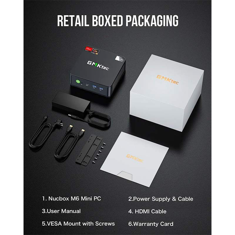 GMKtec M6 AMD Ryzen 5 6600H 64GB DDR5/2TB SSD/Windows 11 Pro - Contenu de l'emballage du mini PC