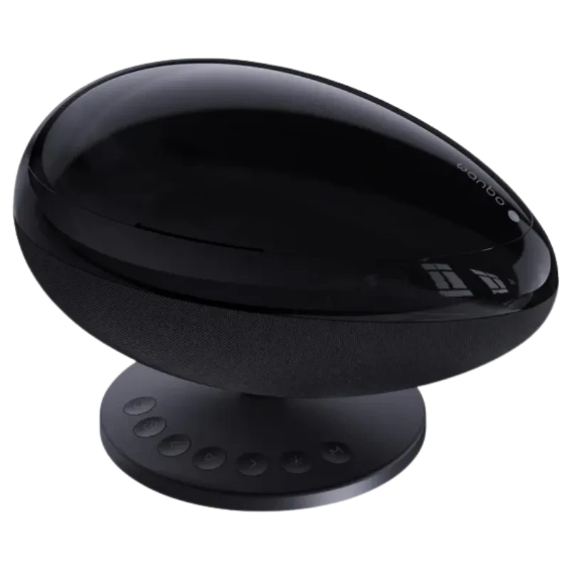 Proyector de Luz Wanbo EVA Galaxy Light con cúpula negra brillante, base giratoria y botones frontales; diseño elegante tipo cápsula para ambientación