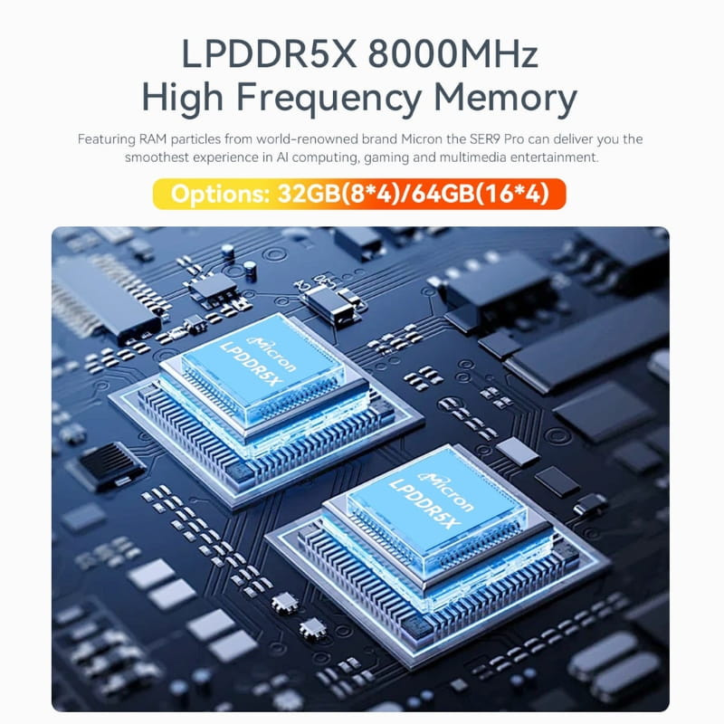 Módulos de memoria LPDDR5X Micron a 8000 MHz sobre placa, dos chips azules con disipadores, texto Options 32GB 8x4 64GB 16x4 y detalle de circuito negro
