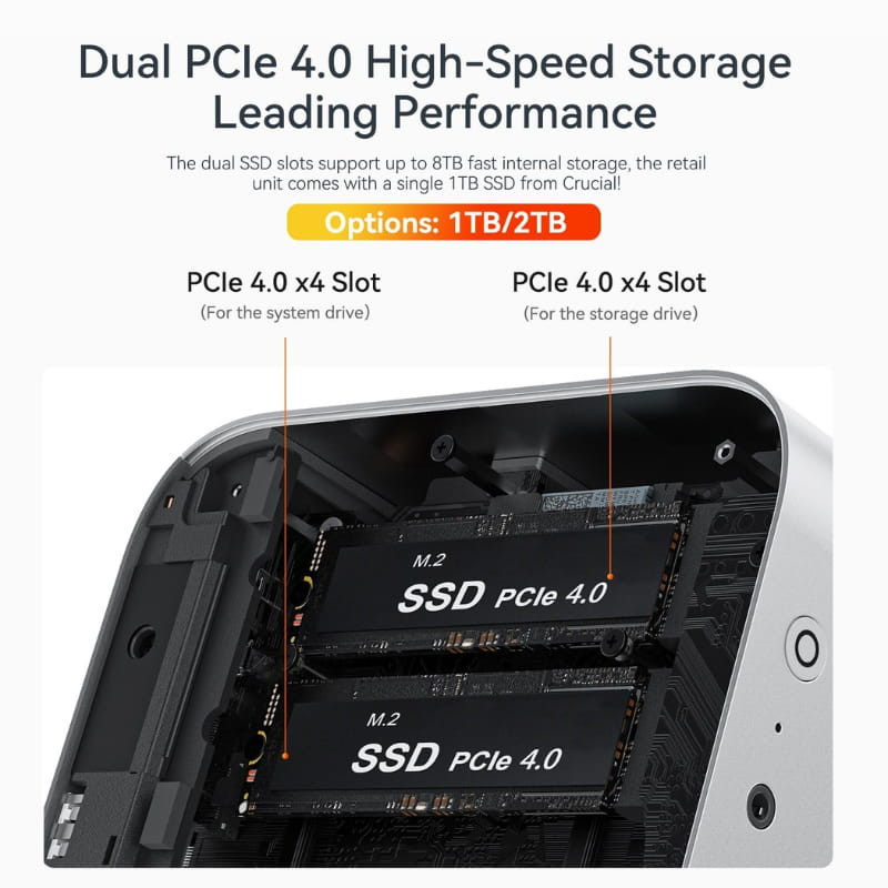 Mini PC Beelink SER9 Pro gris con dos ranuras M.2 NVMe PCIe 4.0 x4 para SSD, tapa abierta mostrando SSD PCIe 4.0 y chasis metálico con borde redondeado