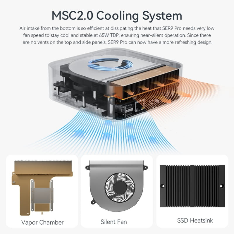 Sistema de refrigeración MSC2.0 con cámara de vapor, ventilador silencioso y disipador SSD; entrada inferior de aire y diseño sin rejillas laterales ni