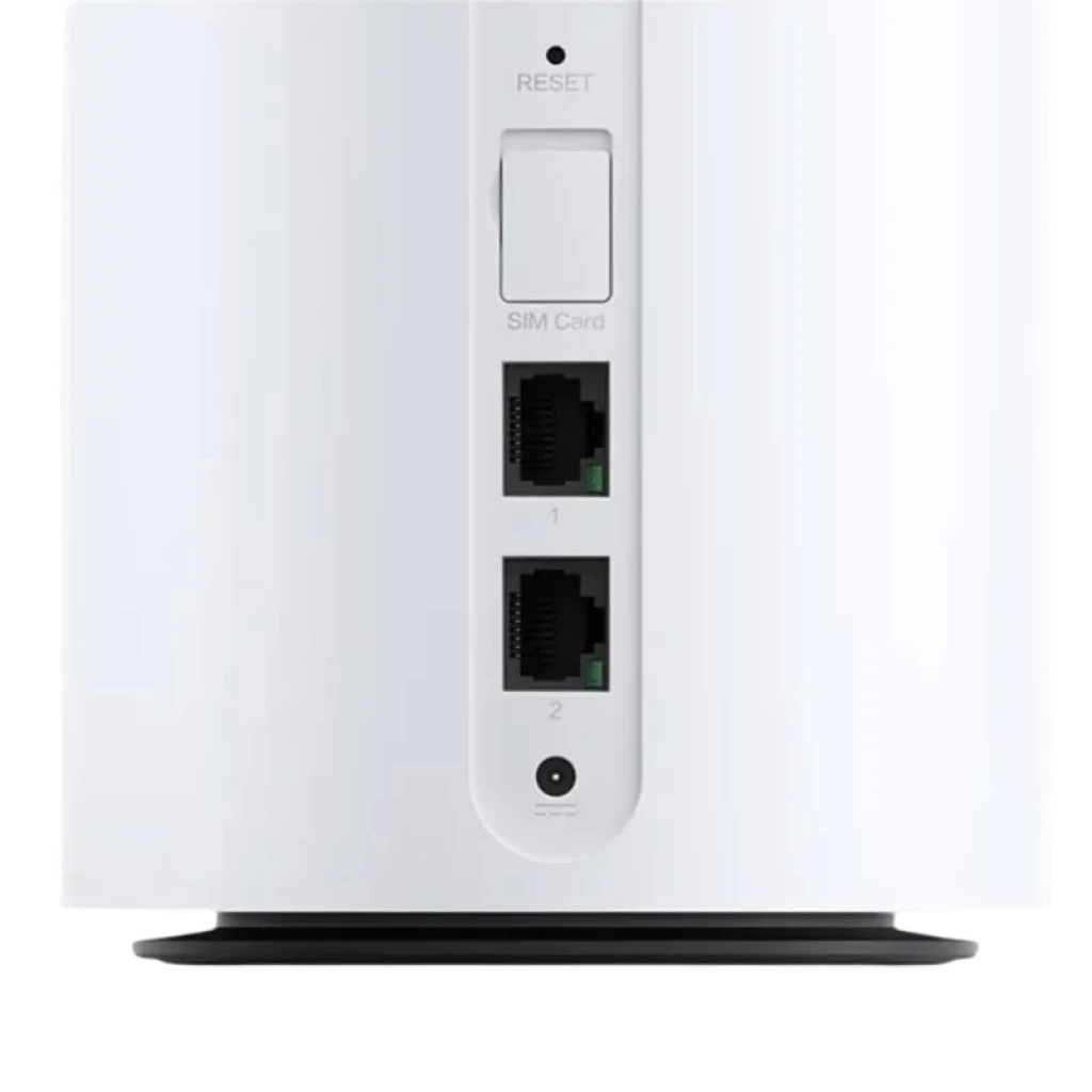 Xiaomi 5G CPE Pro en color blanco con ranura SIM, botón Reset, dos puertos Ethernet numerados y base circular negra, diseño minimalista vertical