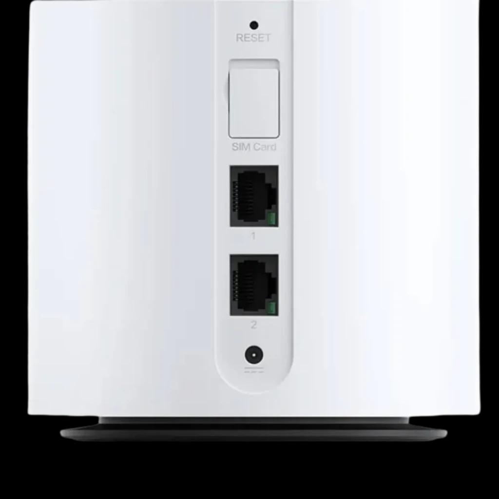 Xiaomi 5G CPE Pro en color blanco con ranura SIM, botón Reset, dos puertos Ethernet numerados y base circular negra, diseño minimalista vertical