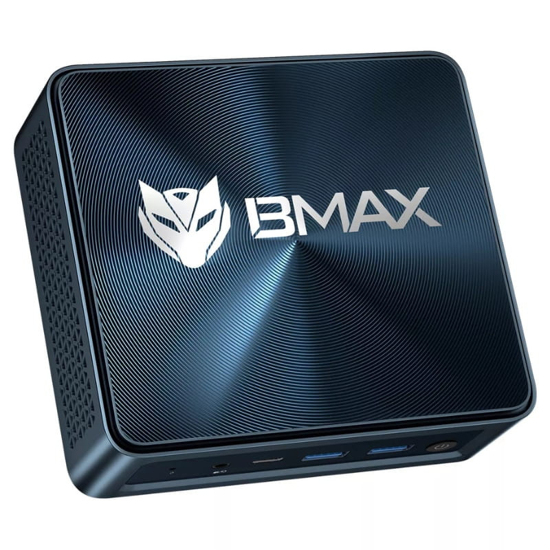 BMAX MaxMini B10 Pro Mini PC compacto en negro con tapa efecto circular, logo BMAX plateado, puertos frontales USB y audio, rejillas laterales de ventilación