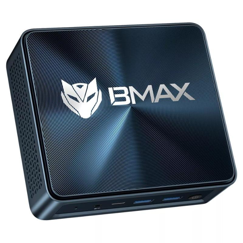 BMAX MaxMini B10 Pro Mini PC compacto en negro con tapa efecto circular, logo BMAX plateado, puertos frontales USB y audio, rejillas laterales de ventilación