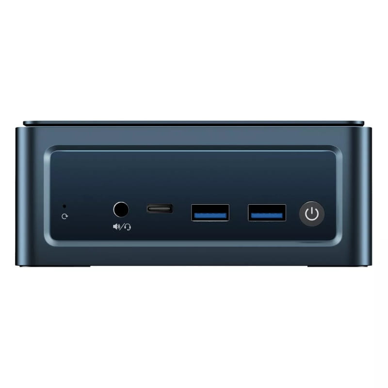 BMAX MaxMini B10 Pro mini PC azul con frontal de puertos: USB-C, 2 USB-A azules, jack de audio, LED indicador y botón de encendido circular a la derecha