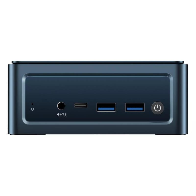 BMAX MaxMini B10 Pro mini PC azul con frontal de puertos: USB-C, 2 USB-A azules, jack de audio, LED indicador y botón de encendido circular a la derecha