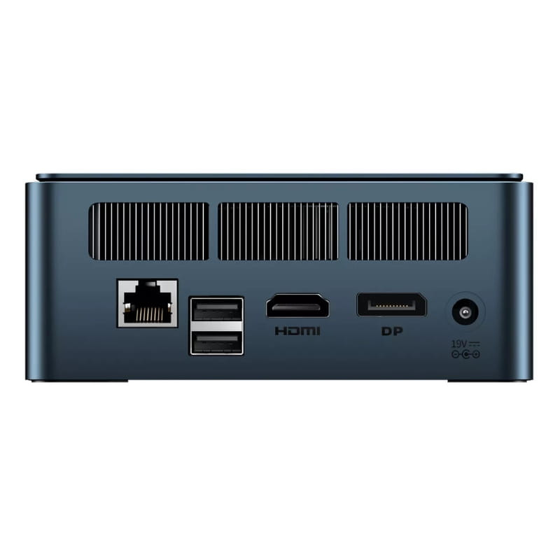BMAX MaxMini B10 Pro compacto en azul con puertos traseros: Ethernet, 2 USB, HDMI, DisplayPort y entrada de energía, rejillas de ventilación superiores