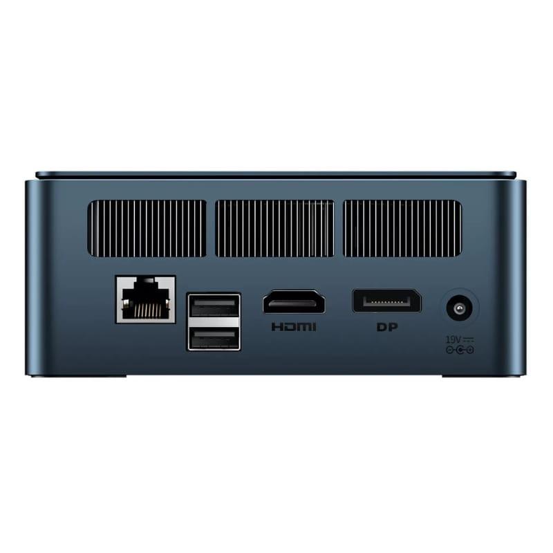 BMAX MaxMini B10 Pro compacto en azul con puertos traseros: Ethernet, 2 USB, HDMI, DisplayPort y entrada de energía, rejillas de ventilación superiores