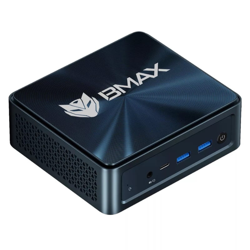 Mini PC BMAX MaxMini B10 Pro compacta en color negro con logo plateado, puertos frontales USB-A azul, USB-C, audio y botón de encendido, rejillas laterales de