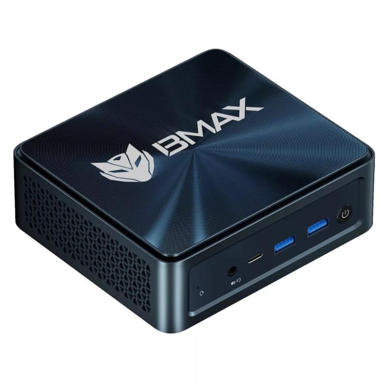 Mini PC BMAX MaxMini B10 Pro compacta en color negro con logo plateado, puertos frontales USB-A azul, USB-C, audio y botón de encendido, rejillas laterales de