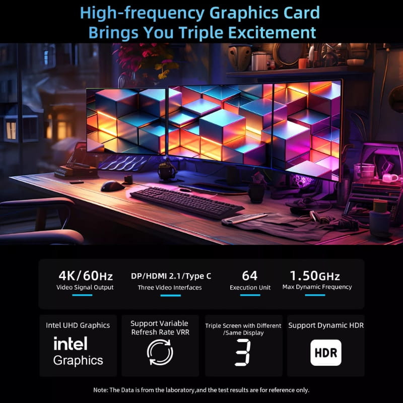 BMAX MaxMini B10 Pro con triple salida de video DP/HDMI/USB-C, 4K a 60 Hz, 64 EU, hasta 1.50 GHz, HDR dinámico y VRR para monitores múltiples