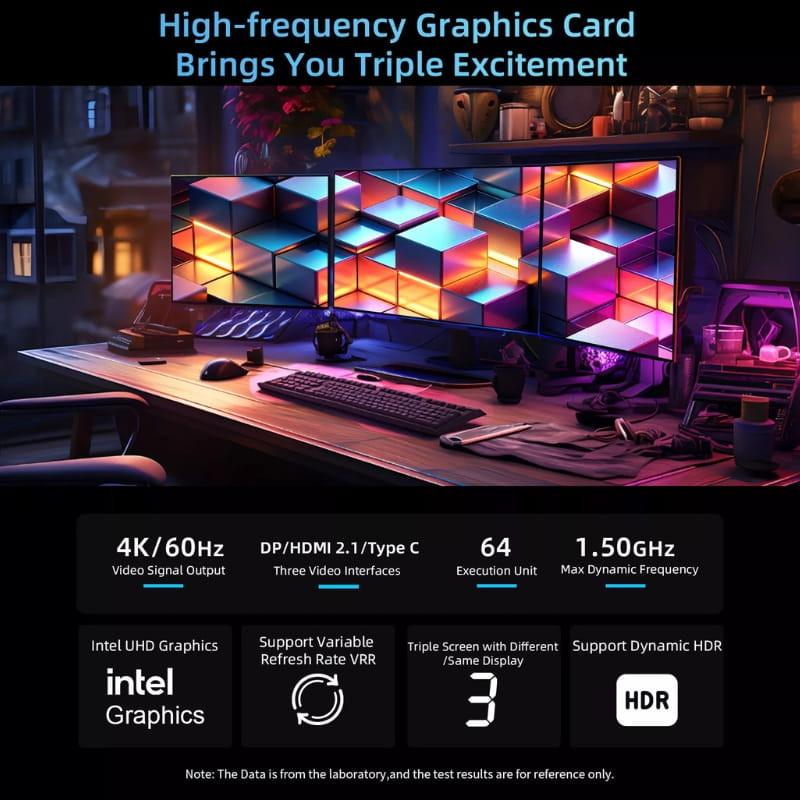 BMAX MaxMini B10 Pro con triple salida de video DP/HDMI/USB-C, 4K a 60 Hz, 64 EU, hasta 1.50 GHz, HDR dinámico y VRR para monitores múltiples