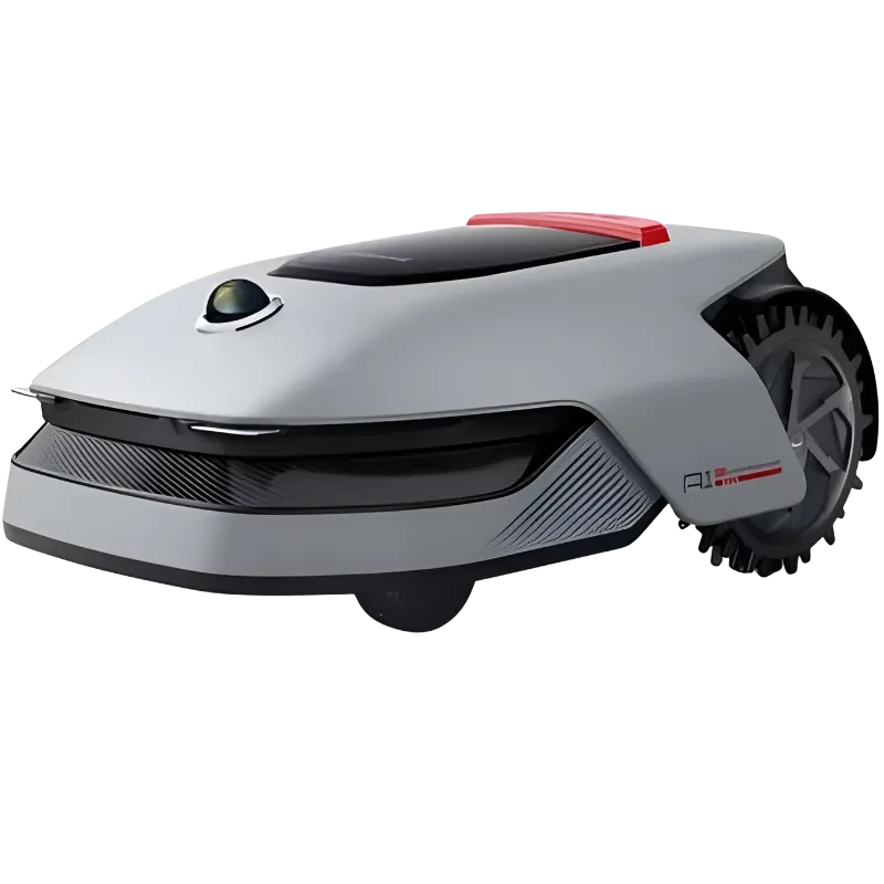 Dreame Mower A1 Pro robot cortacésped gris con diseño futurista, tapa negra, sensor frontal tipo domo y ruedas dentadas traseras para tracción en césped