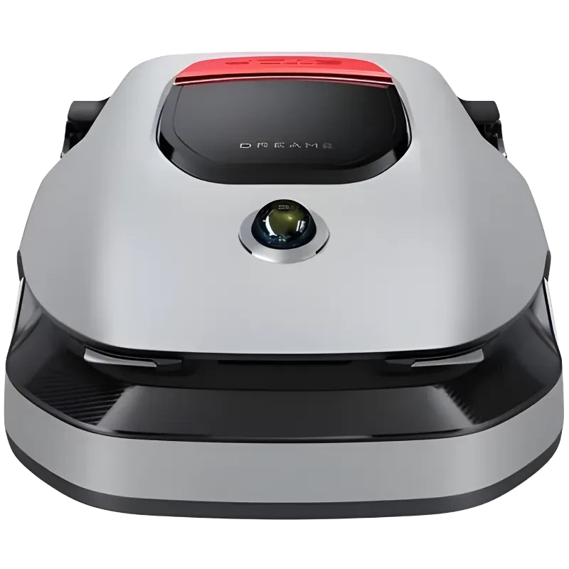 Dreame Mower A1 Pro robot cortacésped plateado con cubierta aerodinámica, módulo superior negro con detalle rojo y sensor frontal tipo cámara central